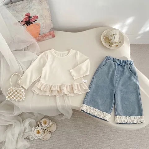 Baby Girls Cotton Ruffle Lace Top And Denim Pants Outfit Sweet Long Sleeve Top And Jeans Toddler Clothing Outfit