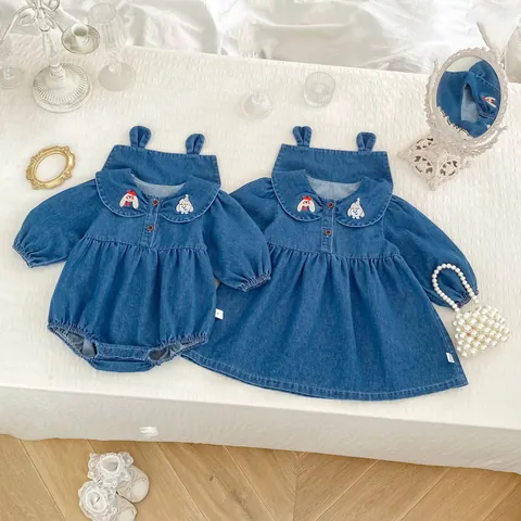 Cute Baby Girls Denim Dress Long Sleeve Peter Pan Collar Cartoon Embroidery Toddler Romper Cotton Blend Denim Outfits