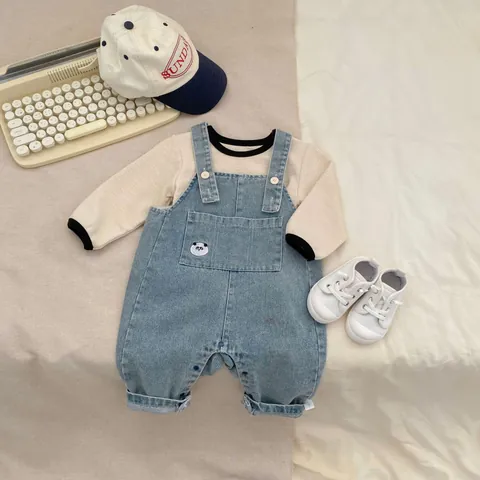 Baby Boy Spring Clothing Set Long Sleeve Waffle Knit Top And Denim Panda Embroidered Overalls Pants Casual Two Piece Outfit