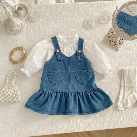 Toddler Girls Sweet Heart Denim Overall Dress And White Long Sleeve Ruffled Shirt Clothes Top And Skirt Set