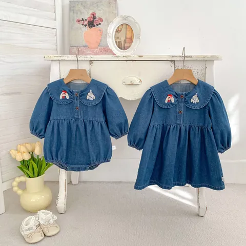 Cute Baby Girls Denim Dress Long Sleeve Peter Pan Collar Cartoon Embroidery Toddler Romper Cotton Blend Denim Outfits