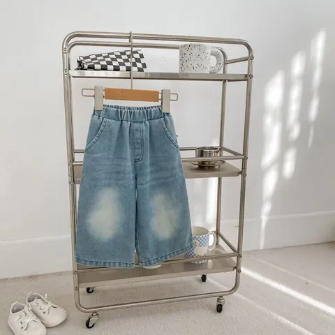 Unisex Kids Loose Wide Leg Denim Jeans Elastic Waist Light Blue Washed Cotton Straight Pants For Boys Girls H10701