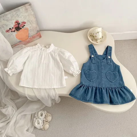 Toddler Girls Sweet Heart Denim Overall Dress And White Long Sleeve Ruffled Shirt Clothes Top And Skirt Set