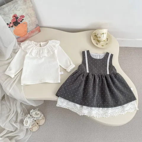 Vestido de Lunares para Bebé Niña y Top de Encaje Conjunto de Princesa Vintage de Algodón Blanco Camisa de Canalé y Vestido sin Mangas
