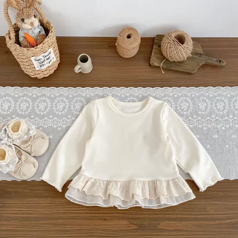 Baby Girls Cotton Ruffle Lace Top And Denim Pants Outfit Sweet Long Sleeve Top And Jeans Toddler Clothing Outfit