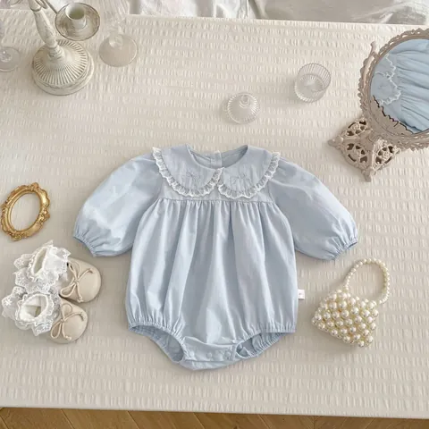 Baby Girls Cotton Long Sleeve Romper Lace Peter Pan Collar Sweet Blue Embroidery Bow Jumpsuit For Infant Jumpsuit Toddler Clothes