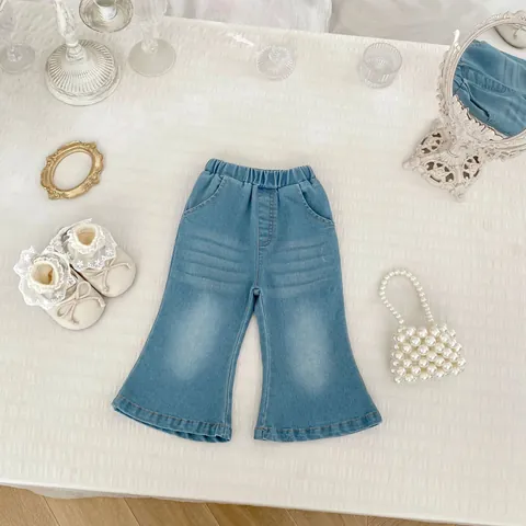Girls Korean Style Flare Jeans Toddler Kids Solid Blue Elastic Waist Bell Bottom Denim Pants Spring Autumn Casual Clothing