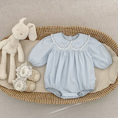 Baby Girls Cotton Long Sleeve Romper Lace Peter Pan Collar Sweet Blue Embroidery Bow Jumpsuit For Infant Jumpsuit Toddler Clothes
