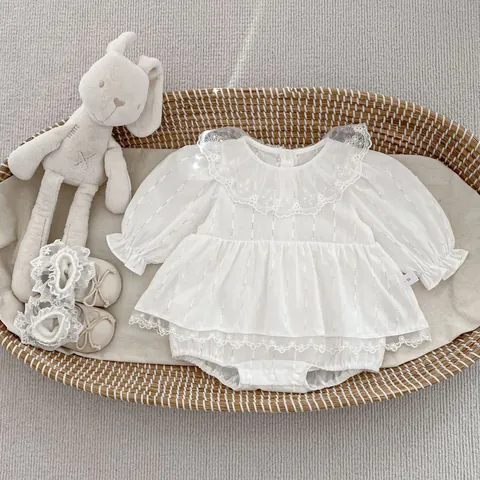 Baby Girl Lace Romper Cotton Long Sleeve Embroidery Floral Peter Pan Collar Princess Bodysuit Infant Jumpsuit Outfit