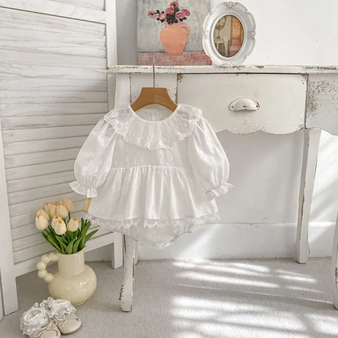 Baby Girl Lace Romper Cotton Long Sleeve Embroidery Floral Peter Pan Collar Princess Bodysuit Infant Jumpsuit Outfit