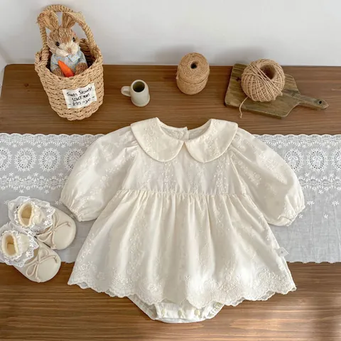 Baby Girls Floral Embroidery Romper Dress Long Sleeve Peter Pan Collar Pure Cotton Jumpsuit Vintage Princess Bodysuit Apricot
