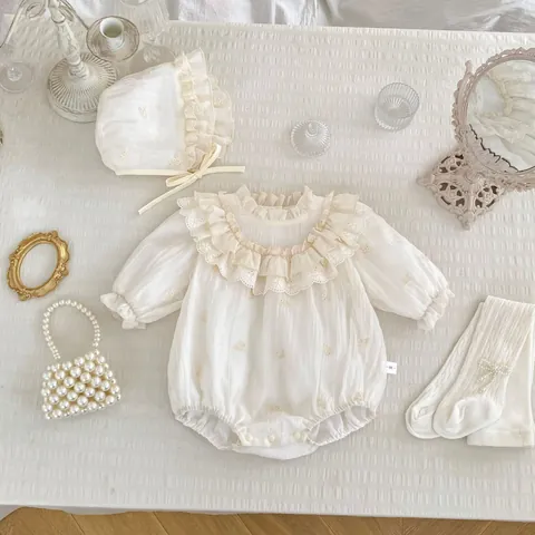 Baby Girl Long Sleeve Romper And Hat Set Floral Embroidery Ruffle Lace Trim Cotton One-Piece Bodysuit For Infant Spring Autumn Sweet Outfit