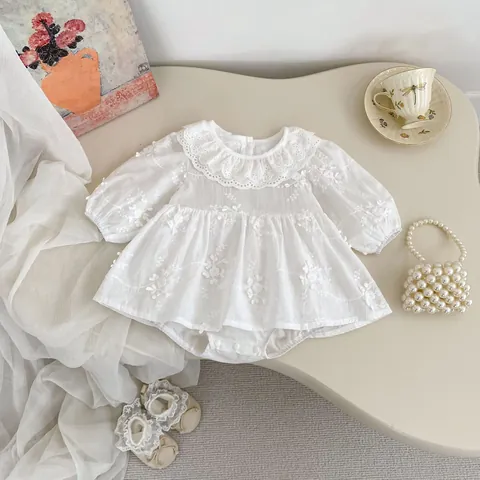 Baby Girls White Floral Embroidery Romper Long Sleeve Lace Ruffle Peter Pan Collar Princess Bodysuit For Birthday Jumpsuit