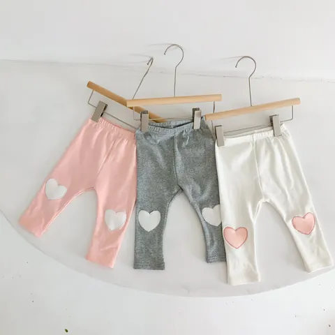 Baby Toddler Girls Cute Heart Patch Leggings Comfortable Cotton Blend Basic Elastic Waist Pants For Kids