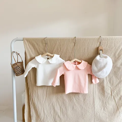 Baby Meisjes Katoenmix T-shirt Lange Mouwen Peter Pan-kraag Casual Lente Herfst Zachte Basislaag Top