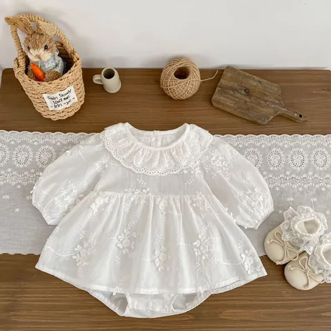 Baby Girls White Floral Embroidery Romper Long Sleeve Lace Ruffle Peter Pan Collar Princess Bodysuit For Birthday Jumpsuit