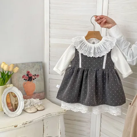 Vestido de Lunares para Bebé Niña y Top de Encaje Conjunto de Princesa Vintage de Algodón Blanco Camisa de Canalé y Vestido sin Mangas