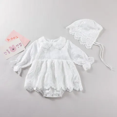 Infant Baby Girl White Lace Embroidery Romper With Matching Hat Long Sleeve Cotton Floral Bodysuit Jumpsuit For Newborn Baptism