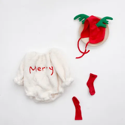 Christmas Baby Romper Hooded Fleece Long Sleeve Bodysuit With Reindeer Antler Hat For Newborn Infant Winter Warm Outfit