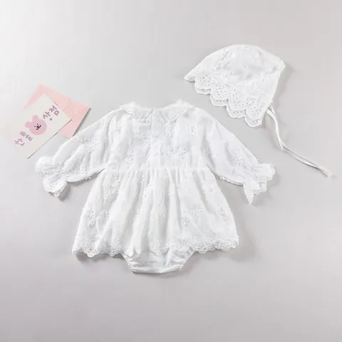 Infant Baby Girl White Lace Embroidery Romper With Matching Hat Long Sleeve Cotton Floral Bodysuit Jumpsuit For Newborn Baptism