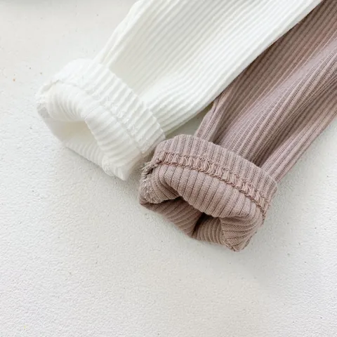 Infant Baby High Waist Belly Protection Leggings Ribbed Cotton Blend Solid Color Korean Style Stretch Trousers For Toddler