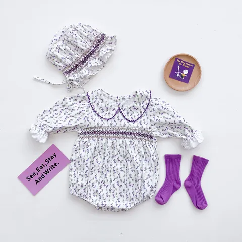 Conjunto de Pelele de Manga Larga Floral para Bebé Niña Con Gorro a Juego Smocking Cuello Peter Pan Algodón Estilo Pastoral