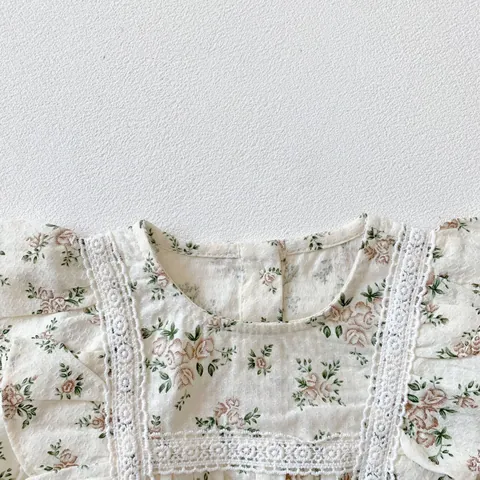 Baby Girl Floral Romper With Bonnet Cotton Long Sleeve Lace Ruffle Jumpsuit Vintage Pastoral Infant Toddler Climbing Bodysuit