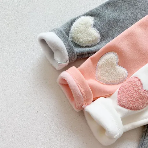 Baby Girls Winter Warm Fleece Lined Leggings Korean Style Heart Applique Cotton Blend Thickened Pants For Toddler Kids