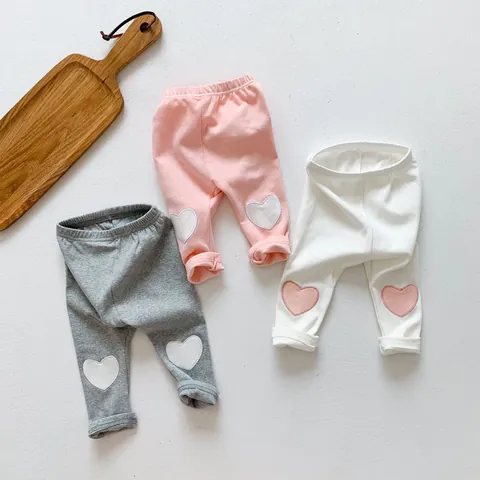 Baby Toddler Girls Cute Heart Patch Leggings Comfortable Cotton Blend Basic Elastic Waist Pants For Kids