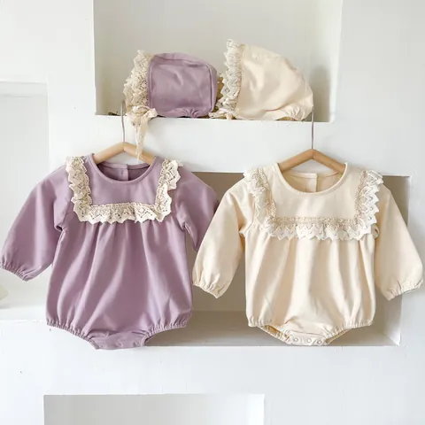 Baby Girl Long Sleeve Romper And Hat Lace Ruffle Collar Cotton Infant Bodysuit Spring Autumn Casual Clothes