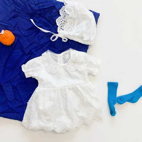 Baby Girl Cotton Romper Jumpsuit And Hat White Embroidery Floral Lace Peter Pan Collar Short Sleeve Summer Clothes
