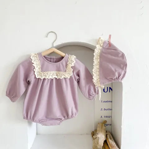 Baby Girl Long Sleeve Romper And Hat Lace Ruffle Collar Cotton Infant Bodysuit Spring Autumn Casual Clothes