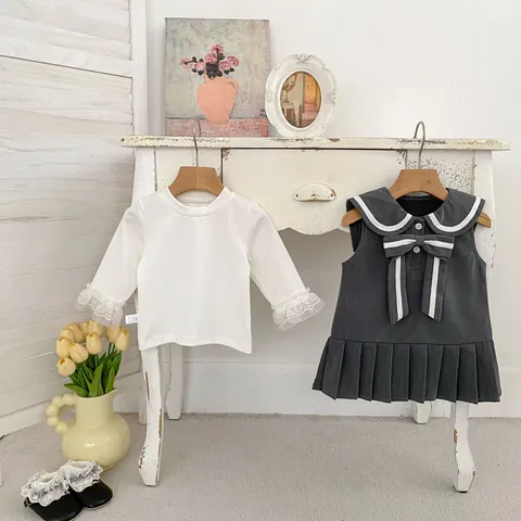 Peuter Meisje Academie Stijl Kleding Set Wit Kant Lange Mouwen Shirt En Grijs Geplooid Strik Marine Kraag Jurk Katoen Outfits