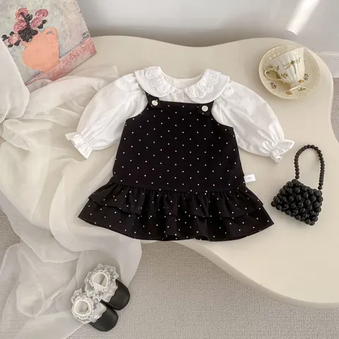 Camisa de Bebé Niña con Cuello Peter Pan de Encaje Vintage y Vestido de Tirantes con Volantes y Lunares Conjunto de Ropa de Algodón Dulce