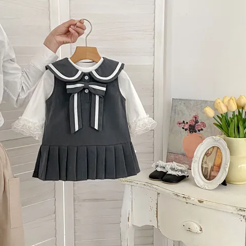 Peuter Meisje Academie Stijl Kleding Set Wit Kant Lange Mouwen Shirt En Grijs Geplooid Strik Marine Kraag Jurk Katoen Outfits