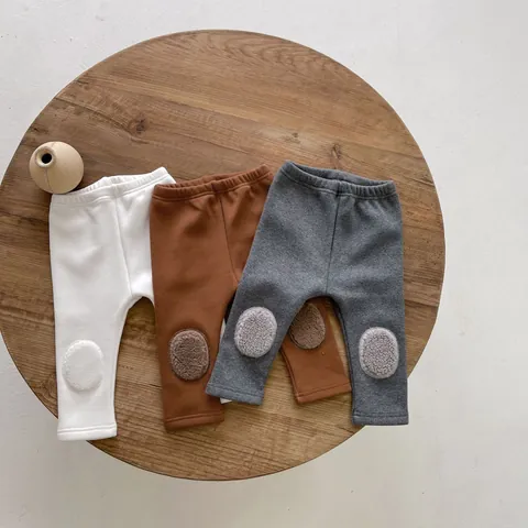 Infant Toddler Winter Fleece Lined Leggings Thickened Cotton Warm Pants With Cute Knee Patch Elastic Waist Leggings For Baby