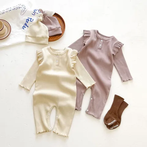 Baby Girl Long Sleeve Ribbed Cotton Romper Jumpsuit With Ruffle Shoulder Solid Color Bodysuit Hat Socks Infant Outfit