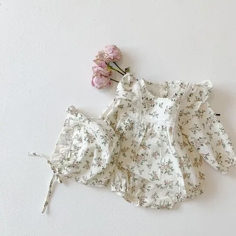Baby Girl Floral Romper With Bonnet Cotton Long Sleeve Lace Ruffle Jumpsuit Vintage Pastoral Infant Toddler Climbing Bodysuit