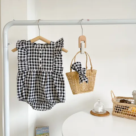 Pagliaccetto in Cotone Gingham per Neonate E Fascia Senza Maniche Con Volant Tuta a Quadri Body Estivo Con Bottoni a Pressione