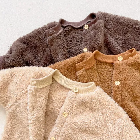 Baby Hooded Teddy Fleece Romper Bear Ear Winter Warm Solid Color Long Sleeve Jumpsuit For Infant Toddler