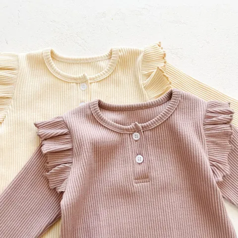 Baby Girl Long Sleeve Ribbed Cotton Romper Jumpsuit With Ruffle Shoulder Solid Color Bodysuit Hat Socks Infant Outfit