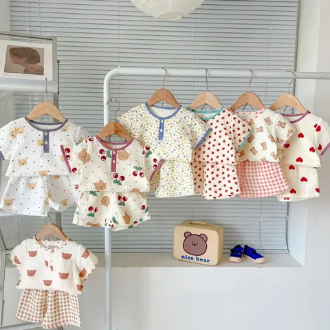 Baby Toddler Cotton Muslin Short Sleeve Top And Shorts Outfit Set Cute Cartoon Bear Cherry Heart Plaid Print Summer Casual Home Clothing For Kids