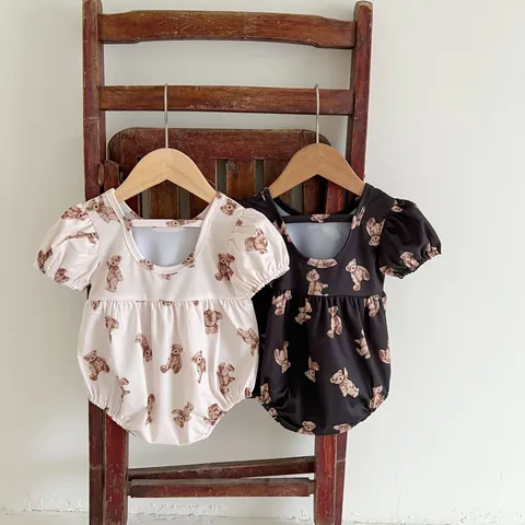 Costume da Bagno Neonata Stampa Orso Con Cappello Abbinato Schiena Scoperta Manica Corta Moda Mare per Bambini Estate
