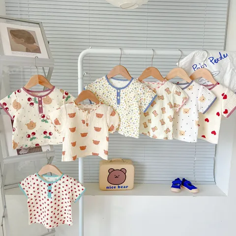Baby Toddler Cotton Muslin Short Sleeve Top And Shorts Outfit Set Cute Cartoon Bear Cherry Heart Plaid Print Summer Casual Home Clothing For Kids