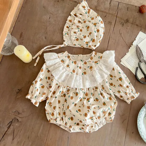 Baby Girl Floral Long Sleeve Romper Matching Lace Ruffled Hat Cotton Vintage Pastoral Bodysuit Newborn Infant Toddler