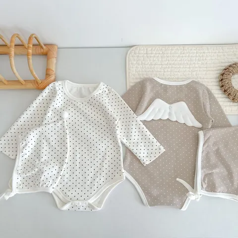 Baby Lange Mouw Polka Dot Kruippakje Met Afneembare 3D Engelenvleugels En Bijpassende Muts Peuter Katoen Bodysuit