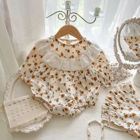 Baby Girl Floral Long Sleeve Romper Matching Lace Ruffled Hat Cotton Vintage Pastoral Bodysuit Newborn Infant Toddler