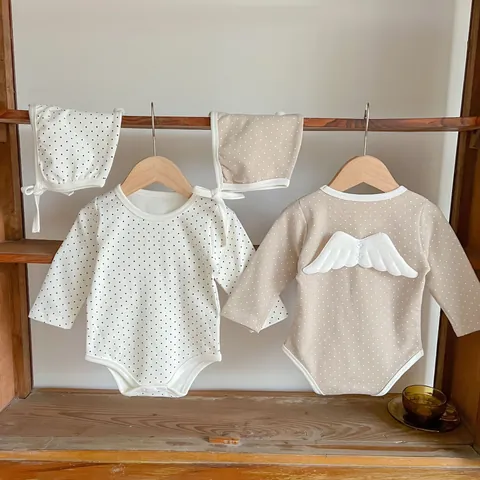 Baby Lange Mouw Polka Dot Kruippakje Met Afneembare 3D Engelenvleugels En Bijpassende Muts Peuter Katoen Bodysuit