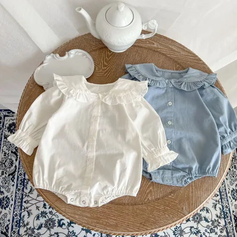 Baby Girl Long Sleeve Romper Cotton Peter Pan Collar Ruffle Trim Solid Color Infant Bodysuit Jumpsuit Spring Autumn Clothing