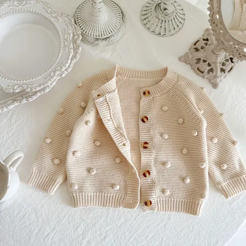 Cardigan en Maille de Coton pour Bébé Fille Pull à Manches Longues et Col Rond avec Boutons à Pompons 3D pour Printemps Automne